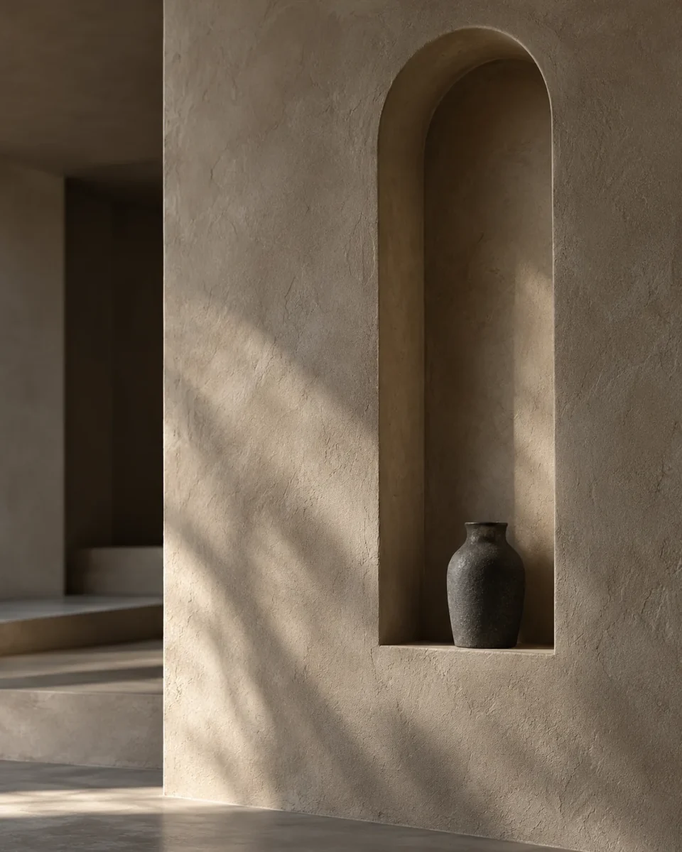 Mineralna ściana z wnęką i ceramicznym naczyniem